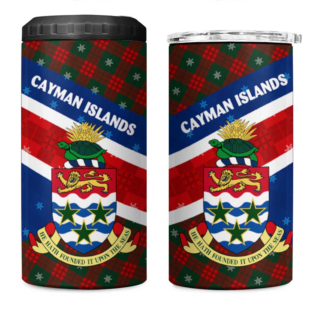 Cayman Islands Xmas 4 in 1 Can Cooler Tumbler Christmas Plaid Turtle and Coat of Arms Red Green Blue - Wonder Print Shop