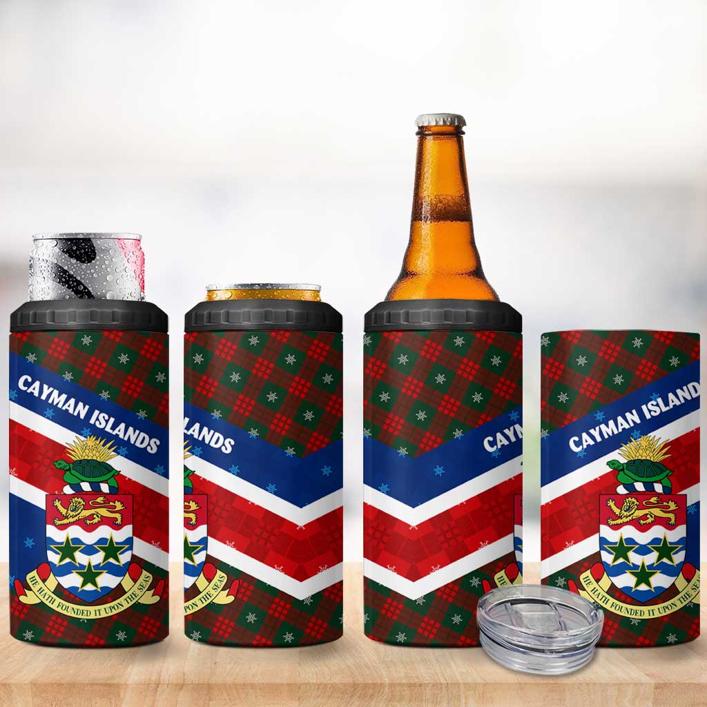 Cayman Islands Xmas 4 in 1 Can Cooler Tumbler Christmas Plaid Turtle and Coat of Arms Red Green Blue - Wonder Print Shop