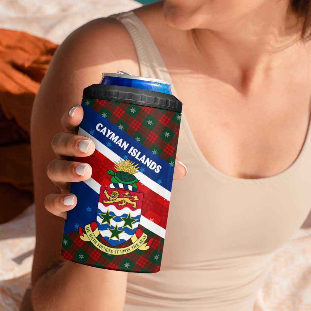 Cayman Islands Xmas 4 in 1 Can Cooler Tumbler Christmas Plaid Turtle and Coat of Arms Red Green Blue - Wonder Print Shop