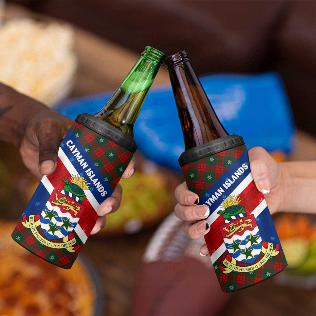 Cayman Islands Xmas 4 in 1 Can Cooler Tumbler Christmas Plaid Turtle and Coat of Arms Red Green Blue - Wonder Print Shop