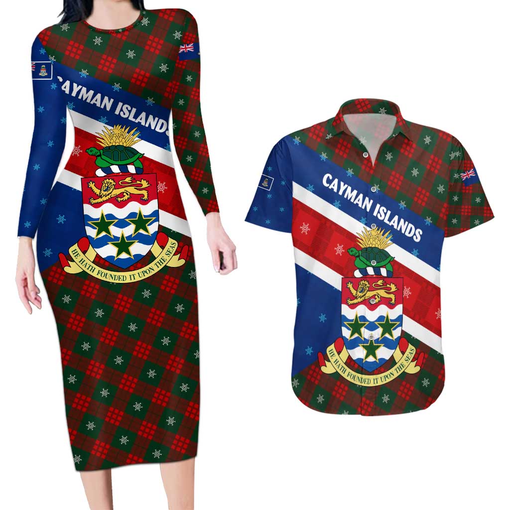 Cayman Islands Xmas Couples Matching Long Sleeve Bodycon Dress and Hawaiian Shirt Christmas Plaid Turtle and Coat of Arms Red Green Blue - Wonder Print Shop