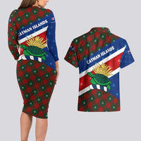Cayman Islands Xmas Couples Matching Long Sleeve Bodycon Dress and Hawaiian Shirt Christmas Plaid Turtle and Coat of Arms Red Green Blue - Wonder Print Shop