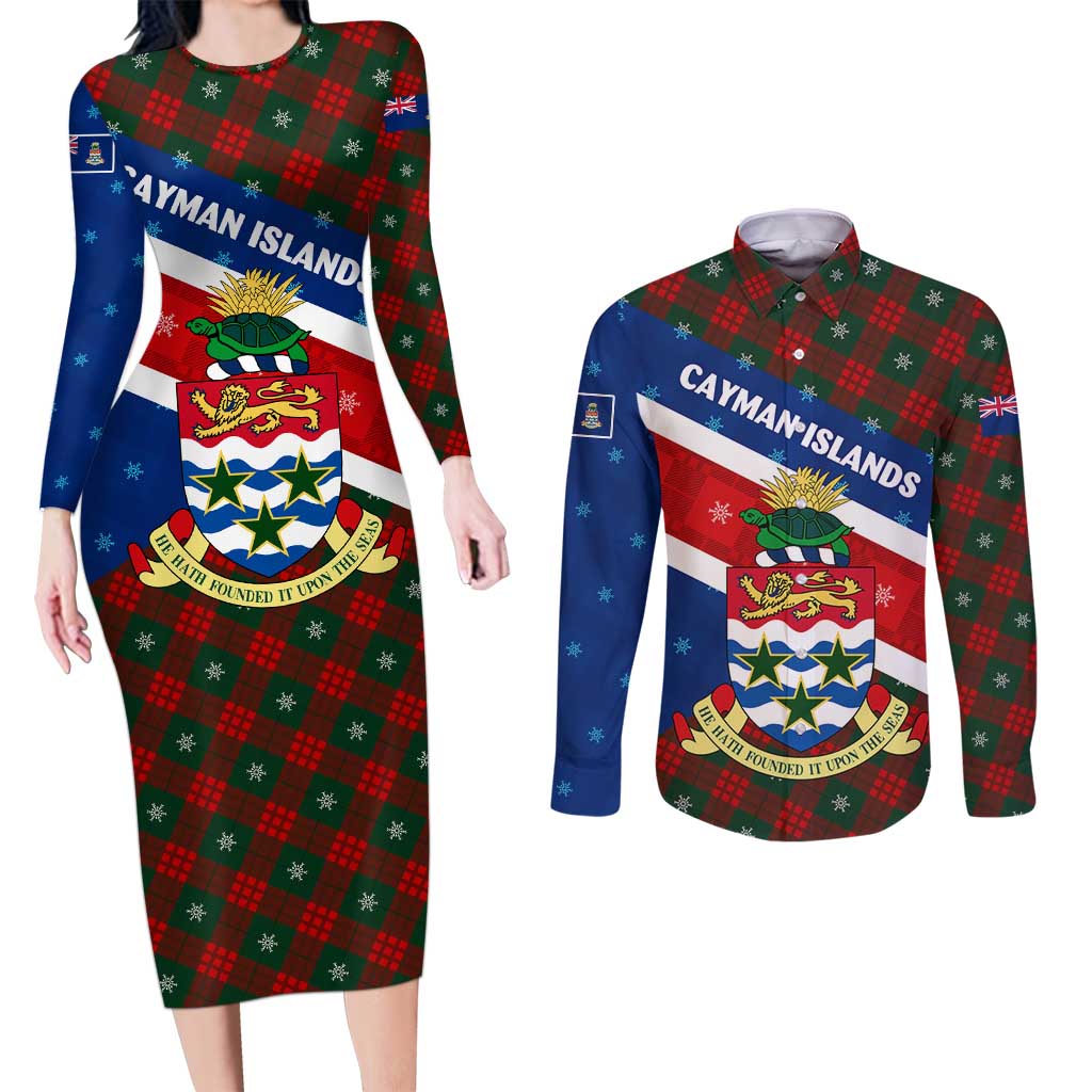 Cayman Islands Xmas Couples Matching Long Sleeve Bodycon Dress and Long Sleeve Button Shirt Christmas Plaid Turtle and Coat of Arms Red Green Blue - Wonder Print Shop