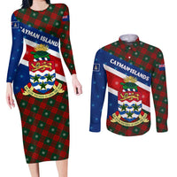 Cayman Islands Xmas Couples Matching Long Sleeve Bodycon Dress and Long Sleeve Button Shirt Christmas Plaid Turtle and Coat of Arms Red Green Blue - Wonder Print Shop