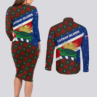 Cayman Islands Xmas Couples Matching Long Sleeve Bodycon Dress and Long Sleeve Button Shirt Christmas Plaid Turtle and Coat of Arms Red Green Blue - Wonder Print Shop