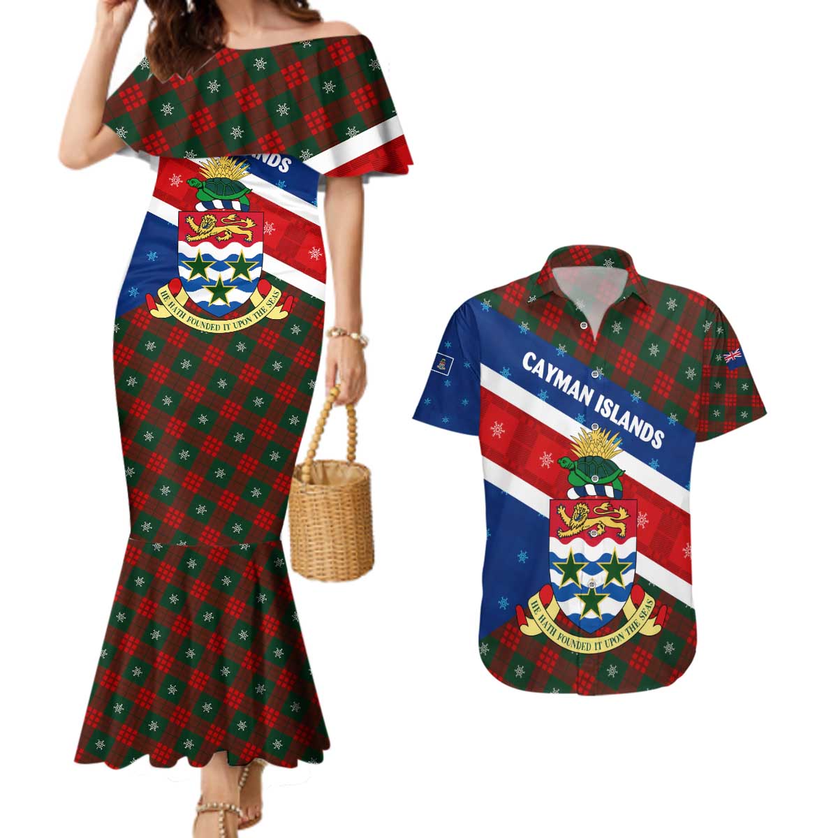 Cayman Islands Xmas Couples Matching Mermaid Dress and Hawaiian Shirt Christmas Plaid Turtle and Coat of Arms Red Green Blue - Wonder Print Shop