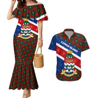 Cayman Islands Xmas Couples Matching Mermaid Dress and Hawaiian Shirt Christmas Plaid Turtle and Coat of Arms Red Green Blue - Wonder Print Shop