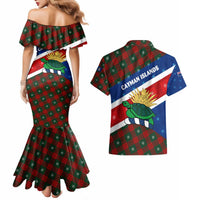 Cayman Islands Xmas Couples Matching Mermaid Dress and Hawaiian Shirt Christmas Plaid Turtle and Coat of Arms Red Green Blue - Wonder Print Shop