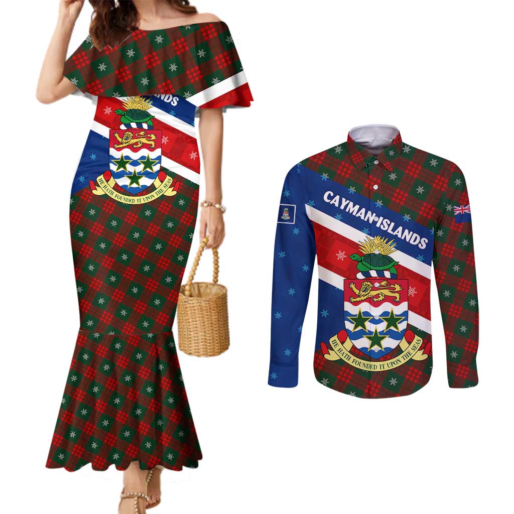 Cayman Islands Xmas Couples Matching Mermaid Dress and Long Sleeve Button Shirt Christmas Plaid Turtle and Coat of Arms Red Green Blue - Wonder Print Shop