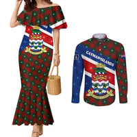 Cayman Islands Xmas Couples Matching Mermaid Dress and Long Sleeve Button Shirt Christmas Plaid Turtle and Coat of Arms Red Green Blue - Wonder Print Shop