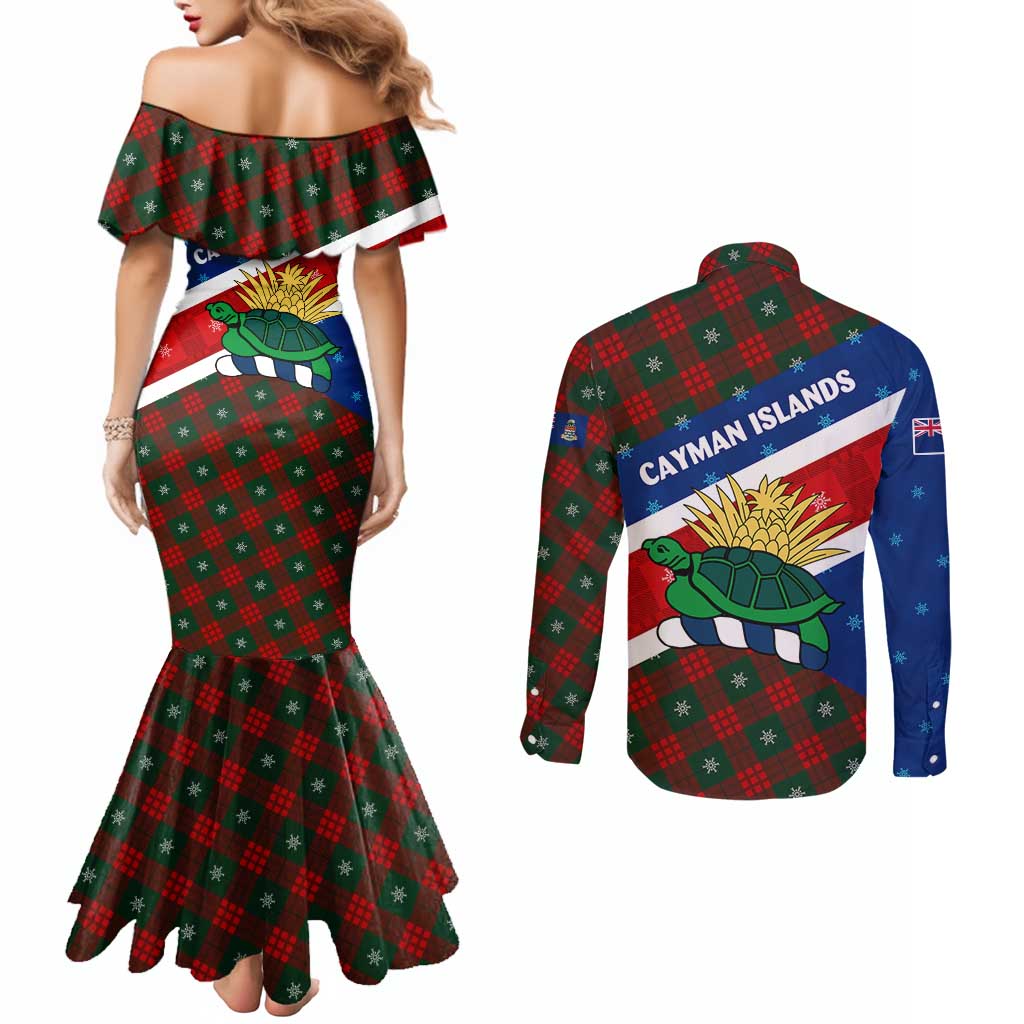 Cayman Islands Xmas Couples Matching Mermaid Dress and Long Sleeve Button Shirt Christmas Plaid Turtle and Coat of Arms Red Green Blue - Wonder Print Shop