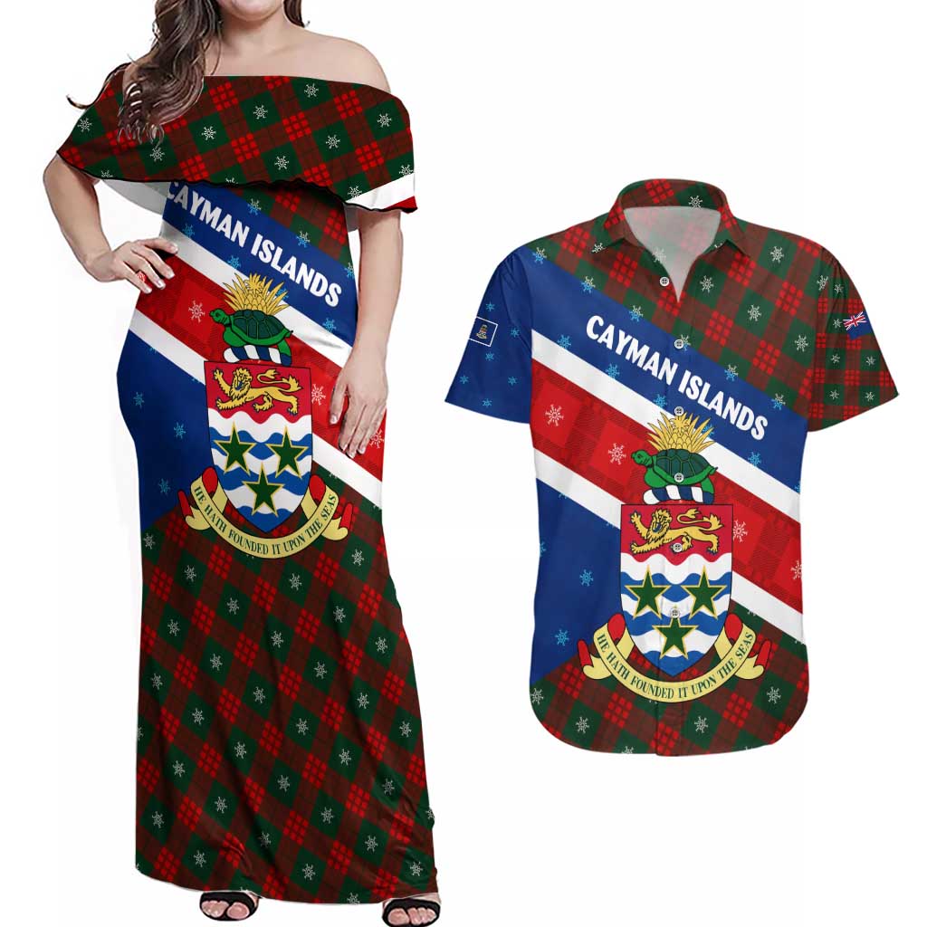 Cayman Islands Xmas Couples Matching Off Shoulder Maxi Dress and Hawaiian Shirt Christmas Plaid Turtle and Coat of Arms Red Green Blue - Wonder Print Shop