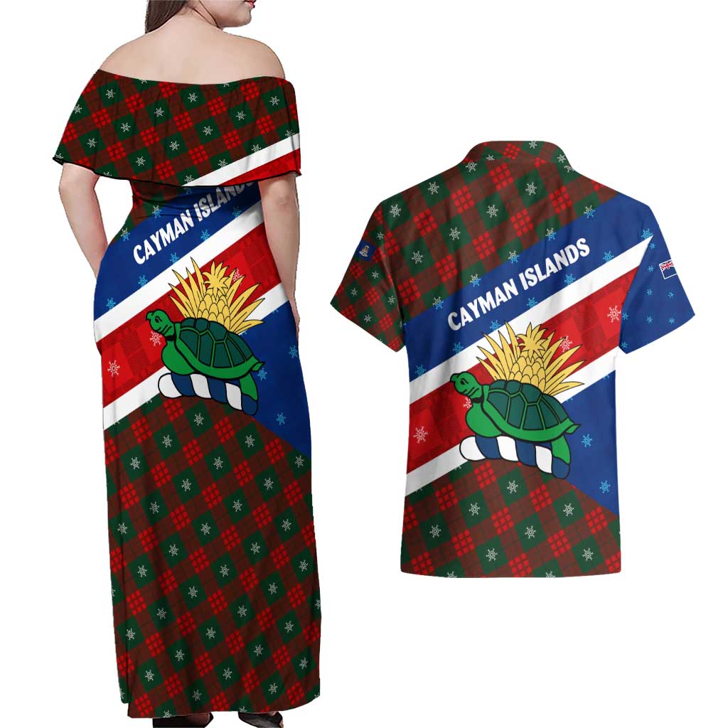 Cayman Islands Xmas Couples Matching Off Shoulder Maxi Dress and Hawaiian Shirt Christmas Plaid Turtle and Coat of Arms Red Green Blue - Wonder Print Shop