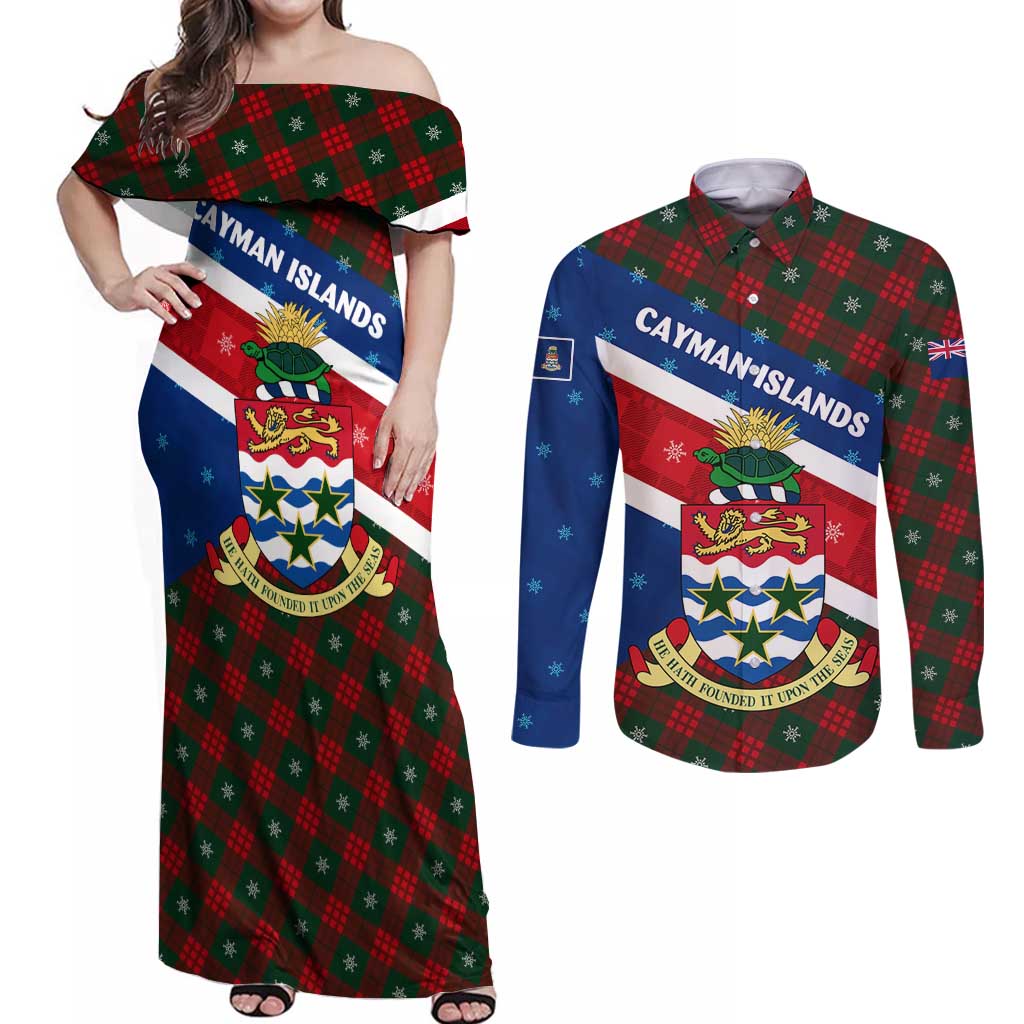 Cayman Islands Xmas Couples Matching Off Shoulder Maxi Dress and Long Sleeve Button Shirt Christmas Plaid Turtle and Coat of Arms Red Green Blue - Wonder Print Shop