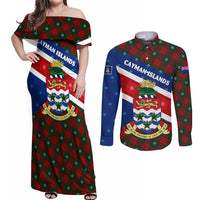 Cayman Islands Xmas Couples Matching Off Shoulder Maxi Dress and Long Sleeve Button Shirt Christmas Plaid Turtle and Coat of Arms Red Green Blue - Wonder Print Shop