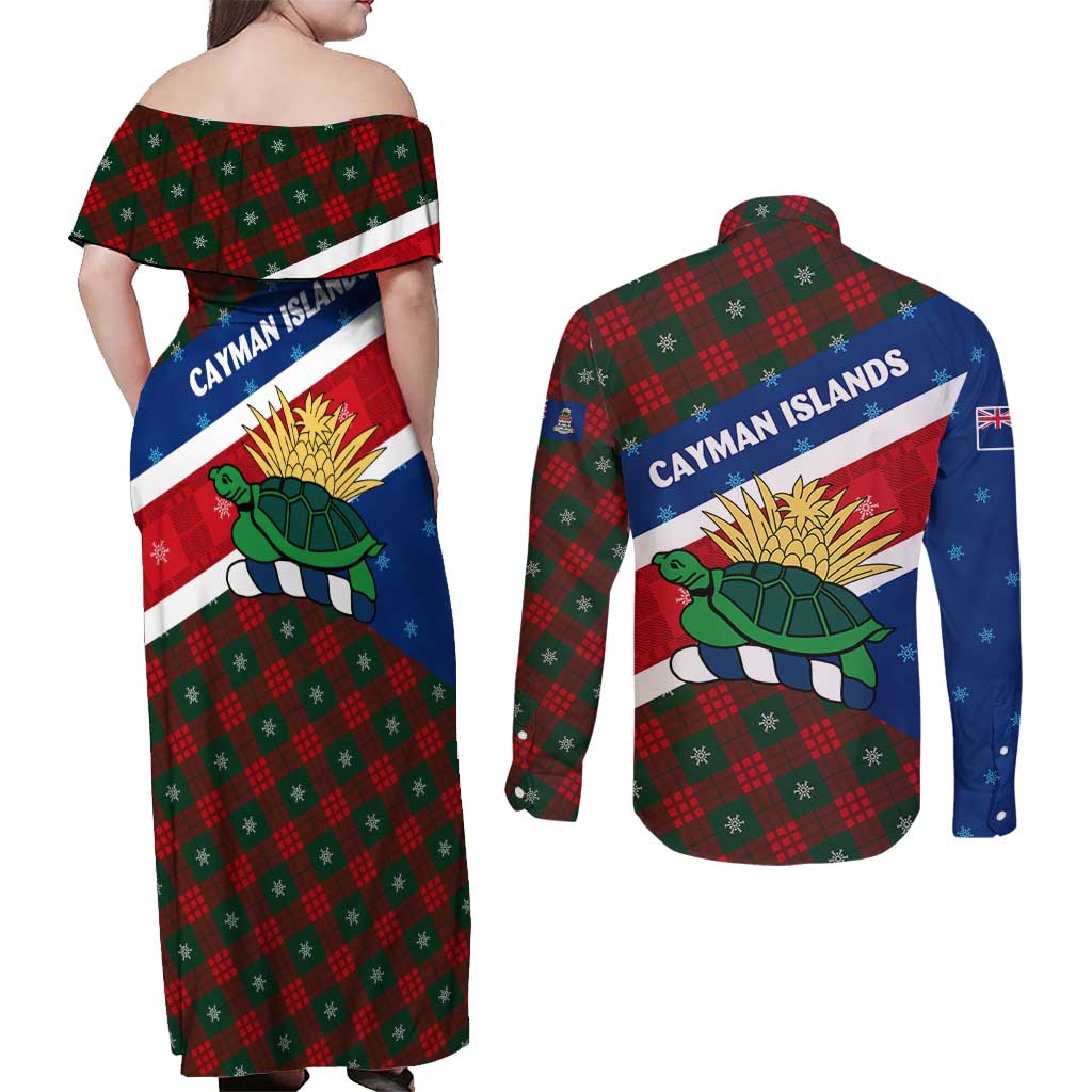 Cayman Islands Xmas Couples Matching Off Shoulder Maxi Dress and Long Sleeve Button Shirt Christmas Plaid Turtle and Coat of Arms Red Green Blue - Wonder Print Shop