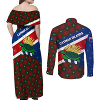 Cayman Islands Xmas Couples Matching Off Shoulder Maxi Dress and Long Sleeve Button Shirt Christmas Plaid Turtle and Coat of Arms Red Green Blue - Wonder Print Shop