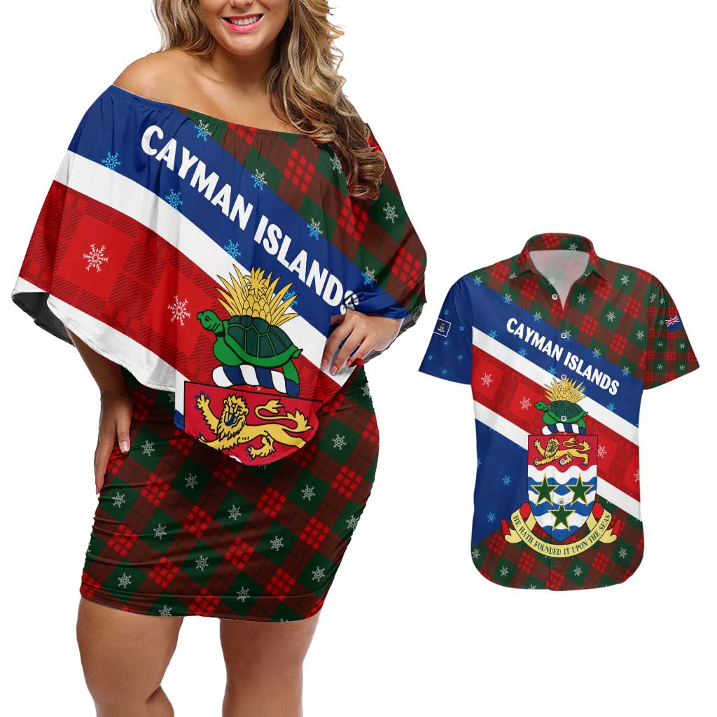 Cayman Islands Xmas Couples Matching Off Shoulder Short Dress and Hawaiian Shirt Christmas Plaid Turtle and Coat of Arms Red Green Blue - Wonder Print Shop