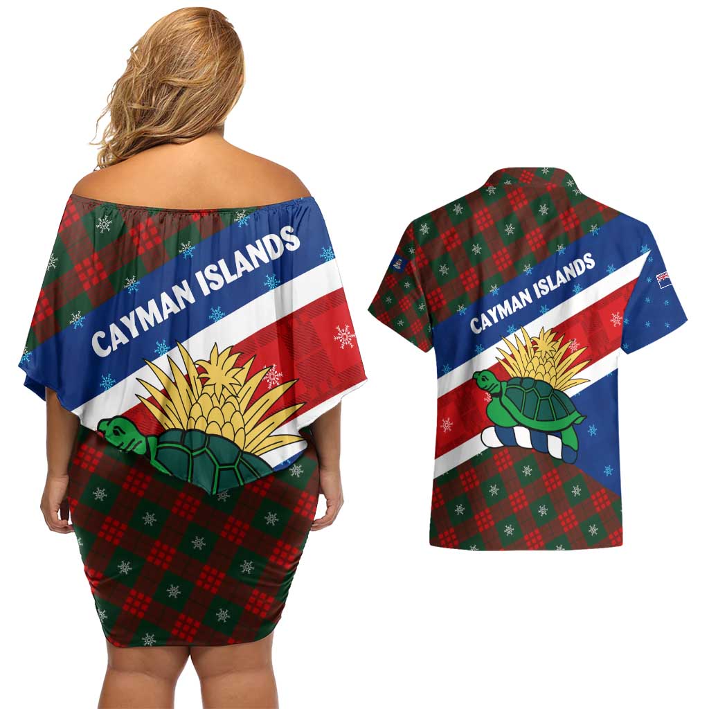 Cayman Islands Xmas Couples Matching Off Shoulder Short Dress and Hawaiian Shirt Christmas Plaid Turtle and Coat of Arms Red Green Blue - Wonder Print Shop