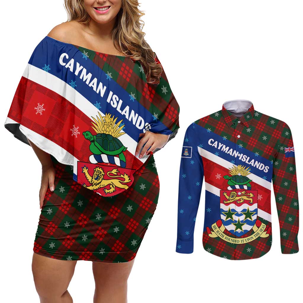 Cayman Islands Xmas Couples Matching Off Shoulder Short Dress and Long Sleeve Button Shirt Christmas Plaid Turtle and Coat of Arms Red Green Blue - Wonder Print Shop