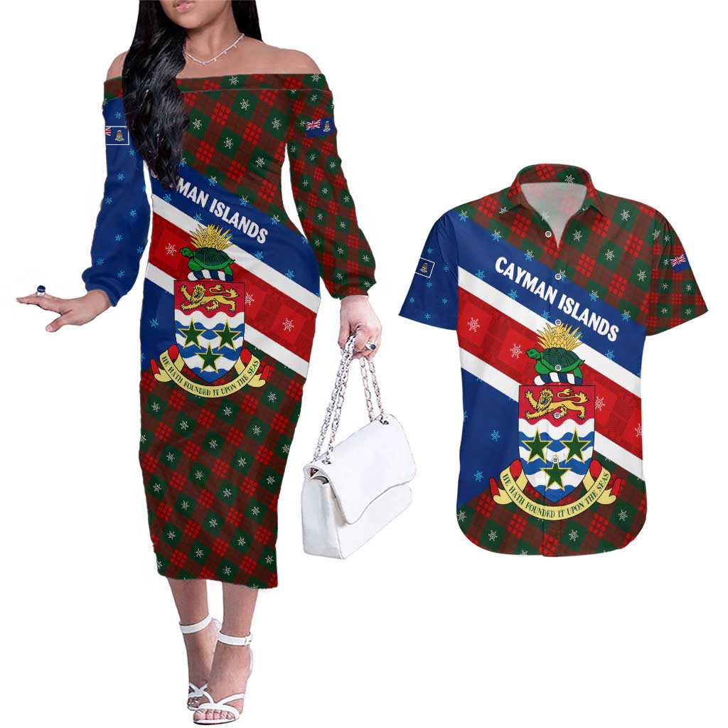Cayman Islands Xmas Couples Matching Off The Shoulder Long Sleeve Dress and Hawaiian Shirt Christmas Plaid Turtle and Coat of Arms Red Green Blue - Wonder Print Shop