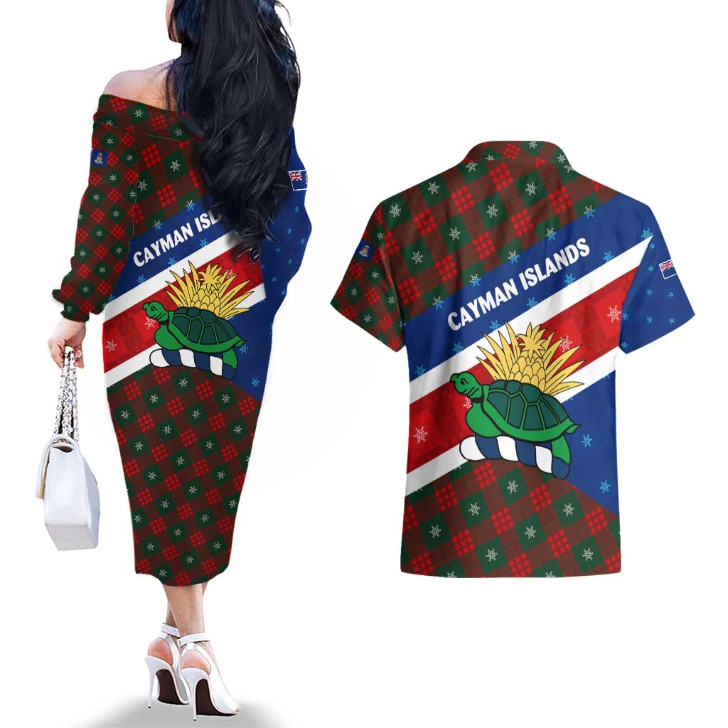 Cayman Islands Xmas Couples Matching Off The Shoulder Long Sleeve Dress and Hawaiian Shirt Christmas Plaid Turtle and Coat of Arms Red Green Blue - Wonder Print Shop