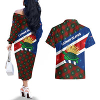 Cayman Islands Xmas Couples Matching Off The Shoulder Long Sleeve Dress and Hawaiian Shirt Christmas Plaid Turtle and Coat of Arms Red Green Blue - Wonder Print Shop