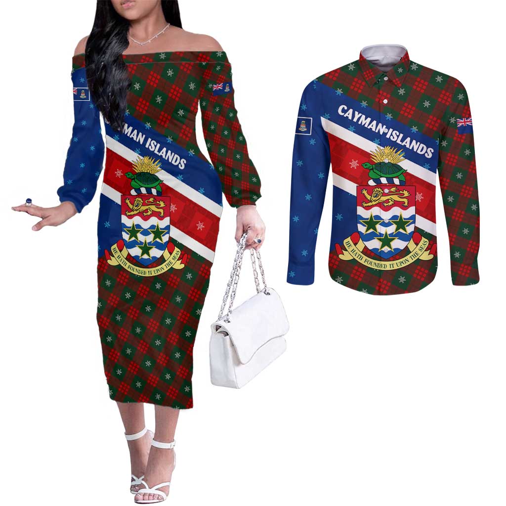 Cayman Islands Xmas Couples Matching Off The Shoulder Long Sleeve Dress and Long Sleeve Button Shirt Christmas Plaid Turtle and Coat of Arms Red Green Blue - Wonder Print Shop
