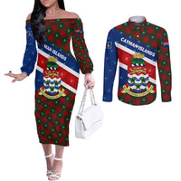 Cayman Islands Xmas Couples Matching Off The Shoulder Long Sleeve Dress and Long Sleeve Button Shirt Christmas Plaid Turtle and Coat of Arms Red Green Blue - Wonder Print Shop