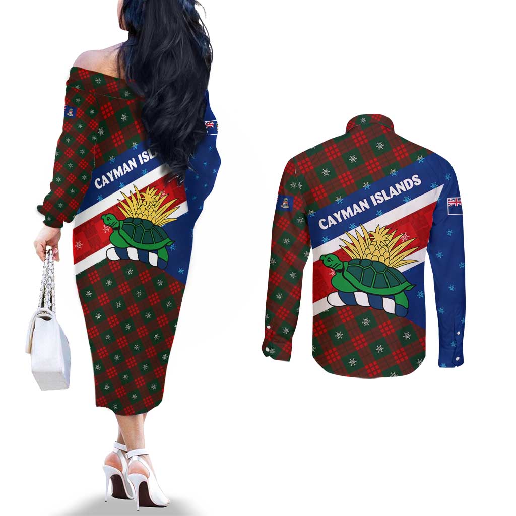 Cayman Islands Xmas Couples Matching Off The Shoulder Long Sleeve Dress and Long Sleeve Button Shirt Christmas Plaid Turtle and Coat of Arms Red Green Blue - Wonder Print Shop