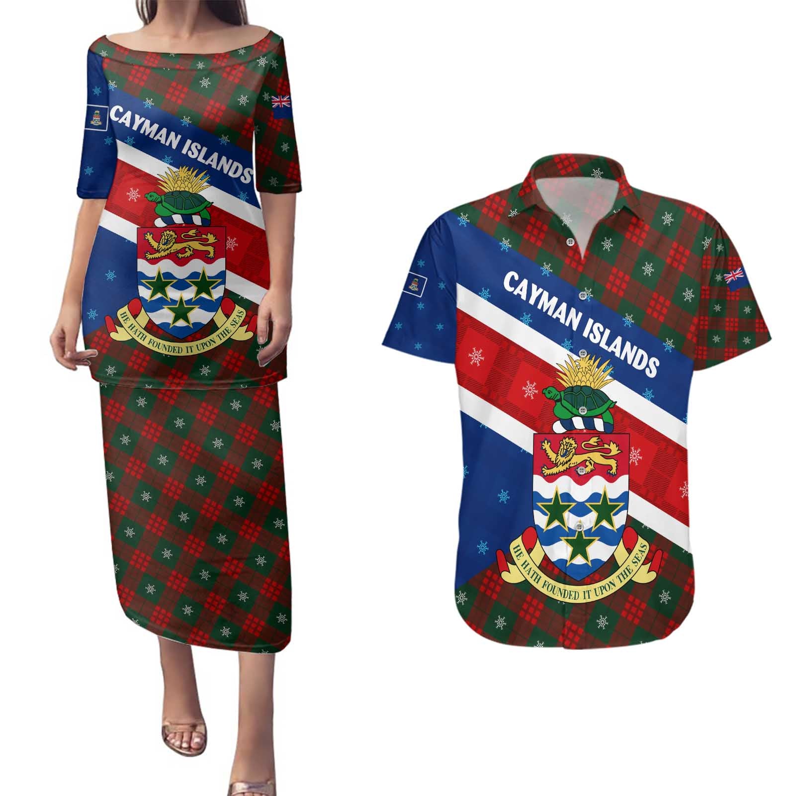 Cayman Islands Xmas Couples Matching Puletasi and Hawaiian Shirt Christmas Plaid Turtle and Coat of Arms Red Green Blue - Wonder Print Shop