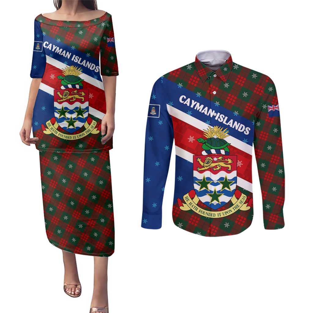 Cayman Islands Xmas Couples Matching Puletasi and Long Sleeve Button Shirt Christmas Plaid Turtle and Coat of Arms Red Green Blue - Wonder Print Shop