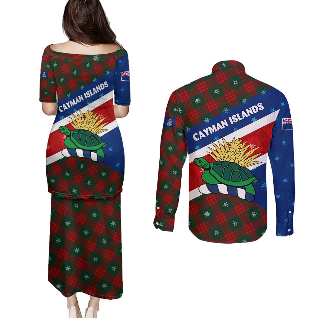 Cayman Islands Xmas Couples Matching Puletasi and Long Sleeve Button Shirt Christmas Plaid Turtle and Coat of Arms Red Green Blue - Wonder Print Shop