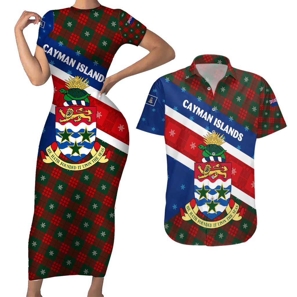 Cayman Islands Xmas Couples Matching Short Sleeve Bodycon Dress and Hawaiian Shirt Christmas Plaid Turtle and Coat of Arms Red Green Blue - Wonder Print Shop