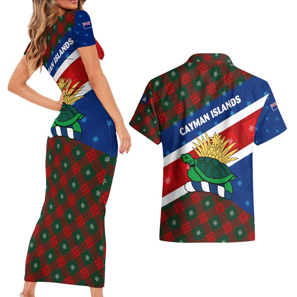 Cayman Islands Xmas Couples Matching Short Sleeve Bodycon Dress and Hawaiian Shirt Christmas Plaid Turtle and Coat of Arms Red Green Blue - Wonder Print Shop