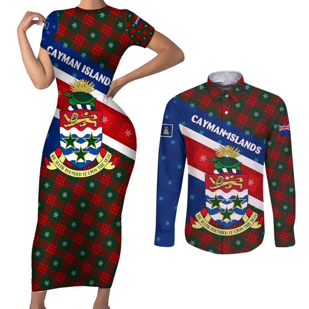 Cayman Islands Xmas Couples Matching Short Sleeve Bodycon Dress and Long Sleeve Button Shirt Christmas Plaid Turtle and Coat of Arms Red Green Blue - Wonder Print Shop
