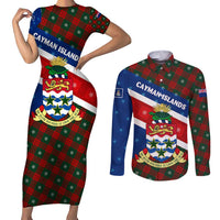 Cayman Islands Xmas Couples Matching Short Sleeve Bodycon Dress and Long Sleeve Button Shirt Christmas Plaid Turtle and Coat of Arms Red Green Blue - Wonder Print Shop
