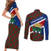 Cayman Islands Xmas Couples Matching Short Sleeve Bodycon Dress and Long Sleeve Button Shirt Christmas Plaid Turtle and Coat of Arms Red Green Blue - Wonder Print Shop