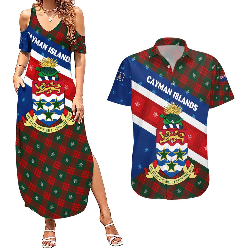Cayman Islands Xmas Couples Matching Summer Maxi Dress and Hawaiian Shirt Christmas Plaid Turtle and Coat of Arms Red Green Blue - Wonder Print Shop