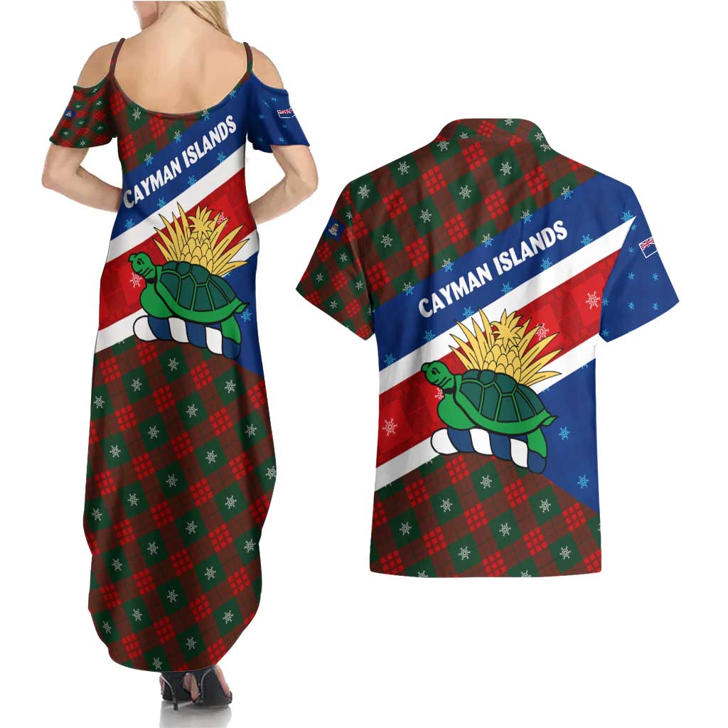 Cayman Islands Xmas Couples Matching Summer Maxi Dress and Hawaiian Shirt Christmas Plaid Turtle and Coat of Arms Red Green Blue - Wonder Print Shop
