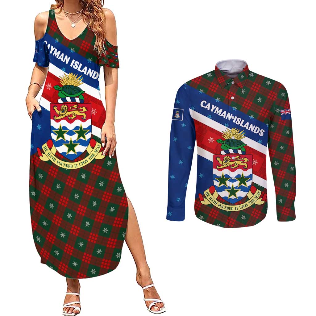 Cayman Islands Xmas Couples Matching Summer Maxi Dress and Long Sleeve Button Shirt Christmas Plaid Turtle and Coat of Arms Red Green Blue - Wonder Print Shop