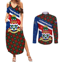 Cayman Islands Xmas Couples Matching Summer Maxi Dress and Long Sleeve Button Shirt Christmas Plaid Turtle and Coat of Arms Red Green Blue - Wonder Print Shop