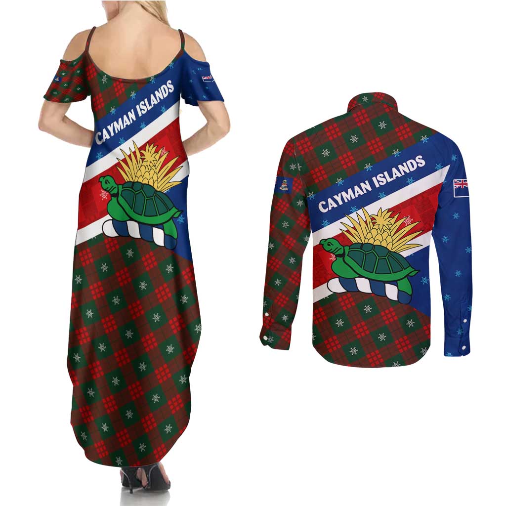 Cayman Islands Xmas Couples Matching Summer Maxi Dress and Long Sleeve Button Shirt Christmas Plaid Turtle and Coat of Arms Red Green Blue - Wonder Print Shop