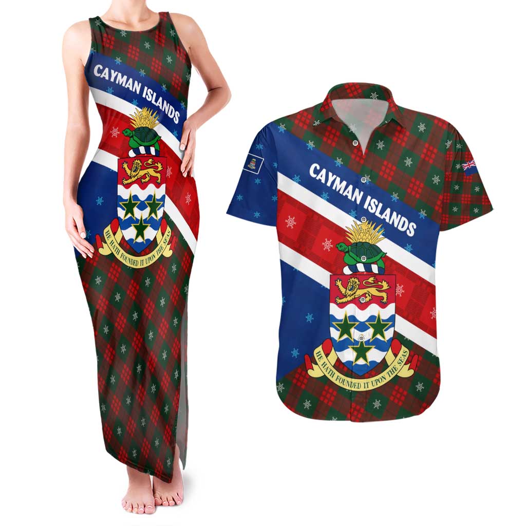 Cayman Islands Xmas Couples Matching Tank Maxi Dress and Hawaiian Shirt Christmas Plaid Turtle and Coat of Arms Red Green Blue - Wonder Print Shop
