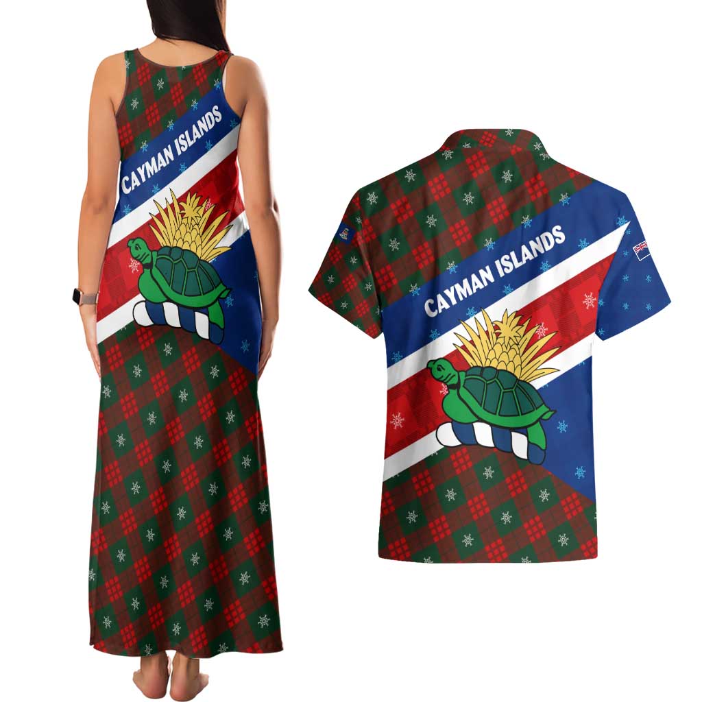 Cayman Islands Xmas Couples Matching Tank Maxi Dress and Hawaiian Shirt Christmas Plaid Turtle and Coat of Arms Red Green Blue - Wonder Print Shop