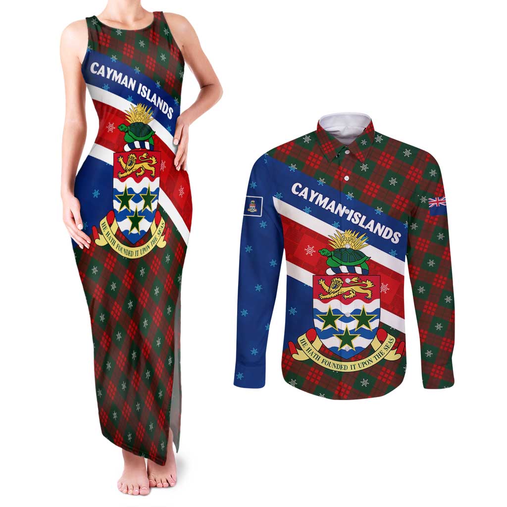 Cayman Islands Xmas Couples Matching Tank Maxi Dress and Long Sleeve Button Shirt Christmas Plaid Turtle and Coat of Arms Red Green Blue - Wonder Print Shop
