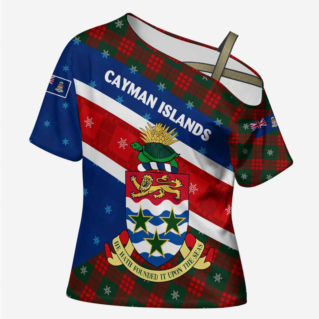 Cayman Islands Xmas Cross Shoulder Shirt Christmas Plaid Turtle and Coat of Arms Red Green Blue - Wonder Print Shop