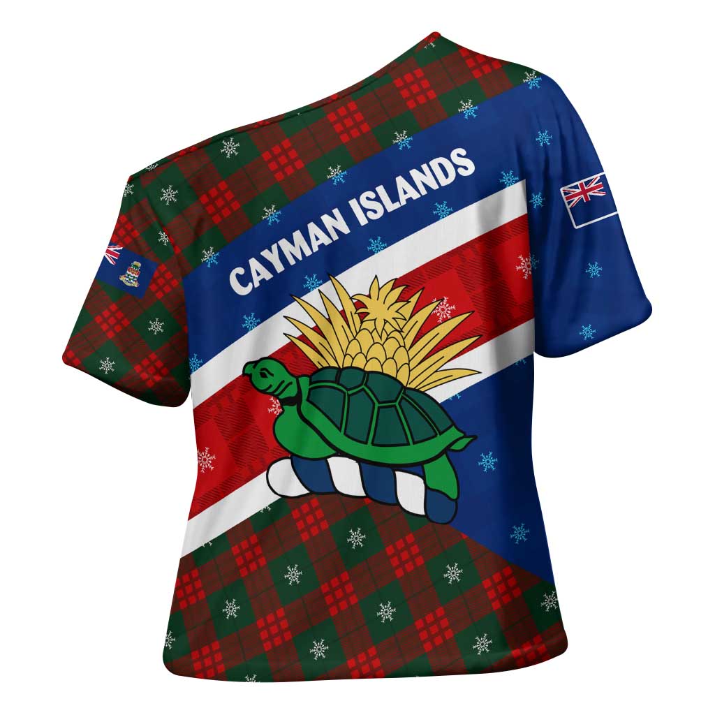 Cayman Islands Xmas Cross Shoulder Shirt Christmas Plaid Turtle and Coat of Arms Red Green Blue - Wonder Print Shop