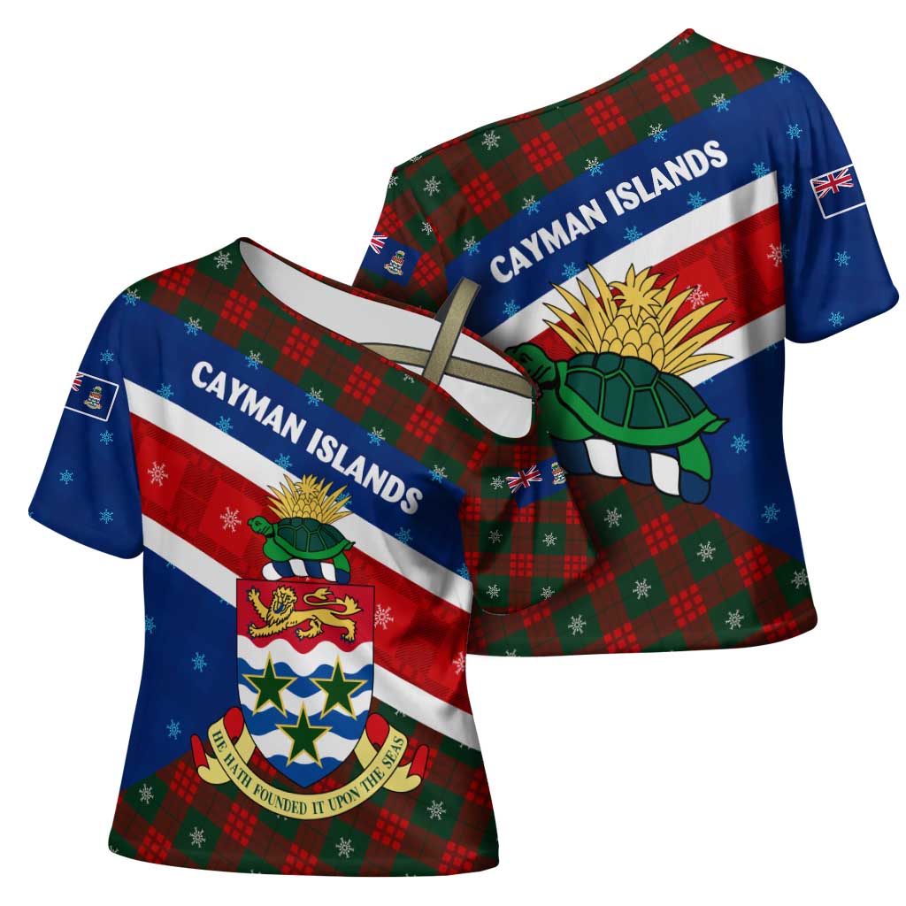 Cayman Islands Xmas Cross Shoulder Shirt Christmas Plaid Turtle and Coat of Arms Red Green Blue - Wonder Print Shop