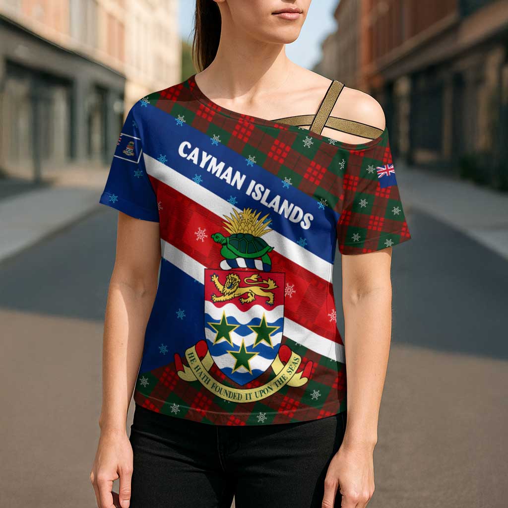 Cayman Islands Xmas Cross Shoulder Shirt Christmas Plaid Turtle and Coat of Arms Red Green Blue - Wonder Print Shop